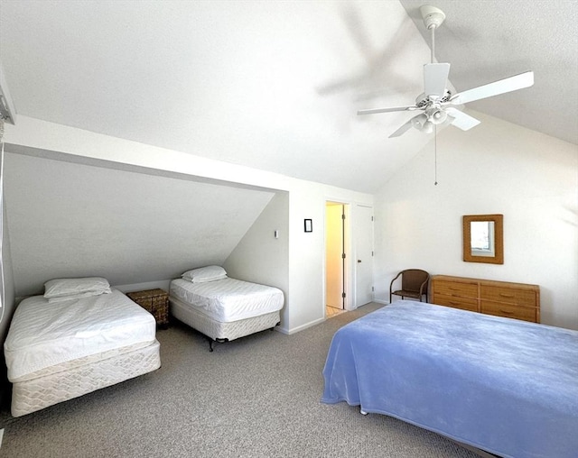 carpeted bedroom with a ceiling fan and lofted ceiling