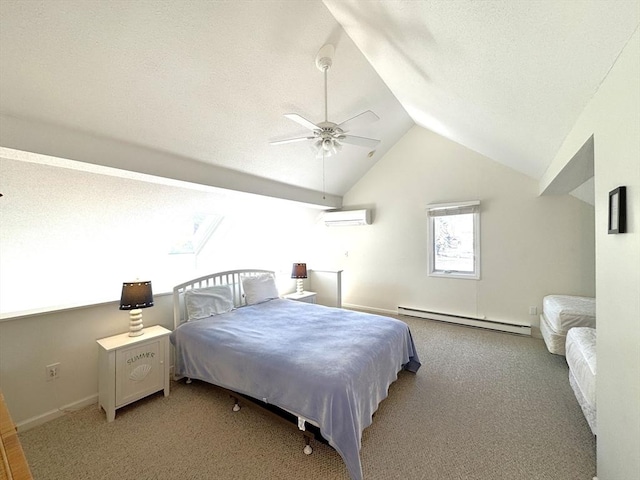 bedroom featuring light colored carpet, lofted ceiling, a wall unit AC, and a baseboard radiator