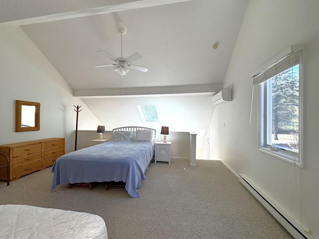 bedroom with a ceiling fan, a baseboard radiator, an AC wall unit, lofted ceiling with skylight, and carpet flooring