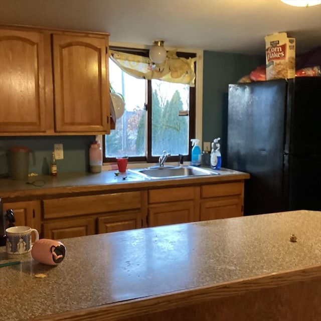 kitchen with black refrigerator and sink