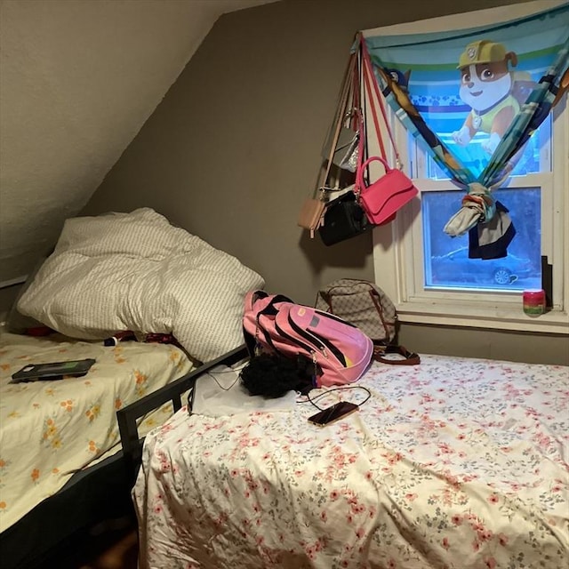 bedroom with lofted ceiling