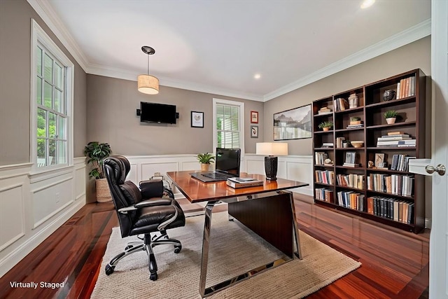 6 Northey Farm Rd, Scituate, MA 02066 - office area with dark wood-style flooring, ornamental molding, a wainscoted wall, and a decorative wall
