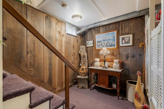 64 E Main St, Middleboro, MA 02346 - staircase featuring wood walls and carpet flooring