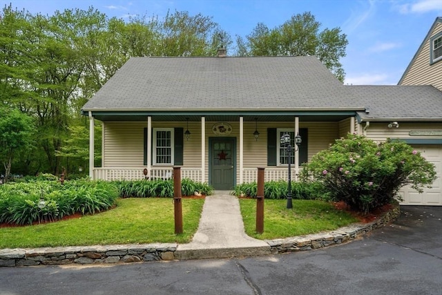 64 E Main St, Middleboro, MA 02346 - view of front facade featuring covered porch, an attached garage, a front yard, and a shingled roof