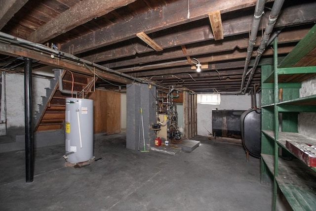 below grade area with stairway and electric water heater