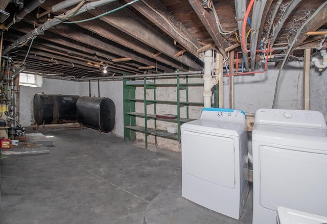 basement featuring washer and clothes dryer and heating fuel