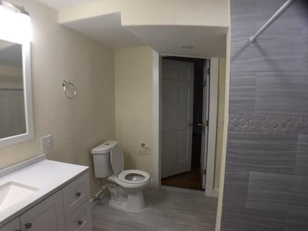 589-591 Washington St, Brookline, MA 02446 - bathroom featuring toilet, vanity, wood finished floors, and a tile shower