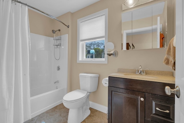 full bathroom with toilet, shower / bath combo, vanity, and tile patterned floors