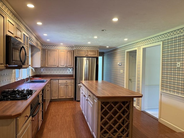 6 J William Hts, Millis, MA 02054 - kitchen with wooden counters, black appliances, dark wood-type flooring, a center island, and wallpapered walls