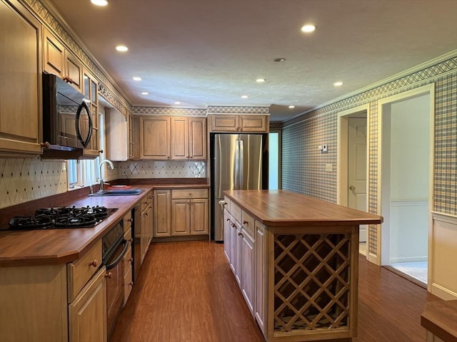 6 J William Hts, Millis, MA 02054 - kitchen featuring wooden counters, black appliances, dark wood-style flooring, a center island, and recessed lighting