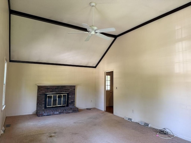 6 J William Hts, Millis, MA 02054 - unfurnished living room with carpet flooring, ceiling fan, high vaulted ceiling, and a brick fireplace