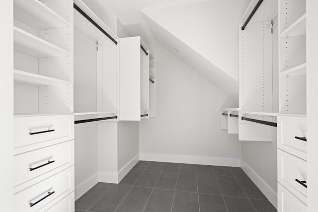 spacious closet with dark tile patterned floors