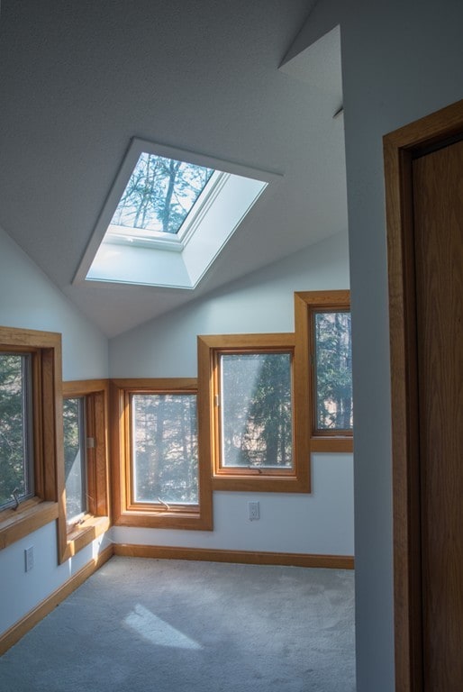 bonus room featuring vaulted ceiling with skylight and light colored carpet