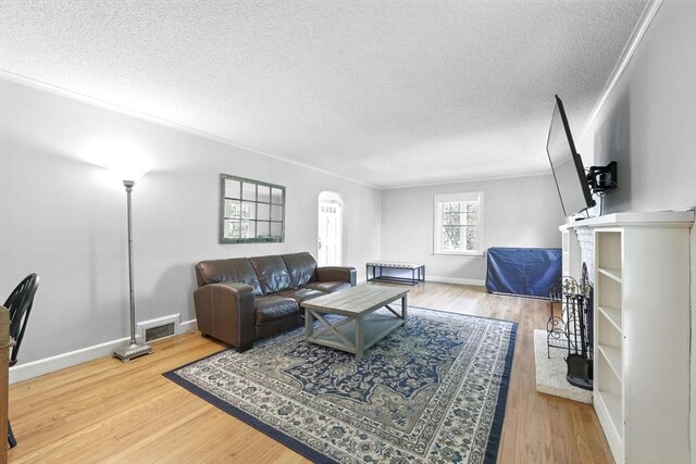 2 Silverwood Ter, South Hadley, MA 01075 - living room with arched walkways, a textured ceiling, wood finished floors, baseboards, and ornamental molding