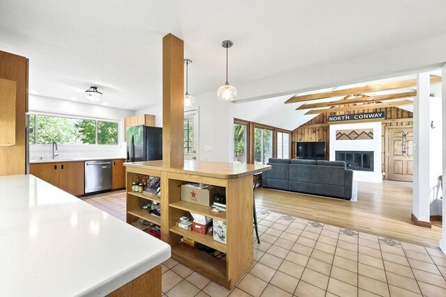 2 Silverwood Ter, South Hadley, MA 01075 - kitchen featuring dishwasher, black refrigerator with ice dispenser, a sink, open shelves, and light countertops