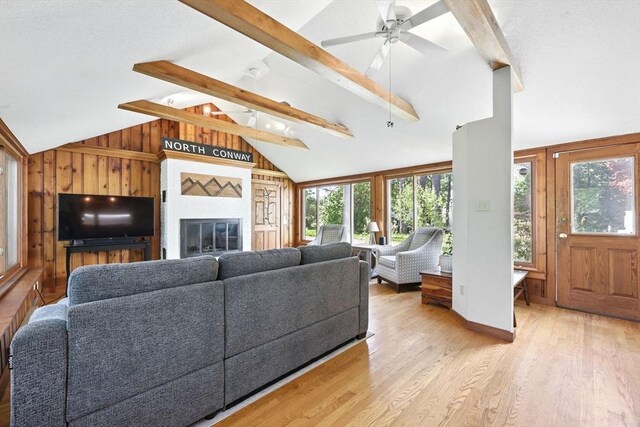 2 Silverwood Ter, South Hadley, MA 01075 - living room with light wood-type flooring, a fireplace, wooden walls, and a ceiling fan