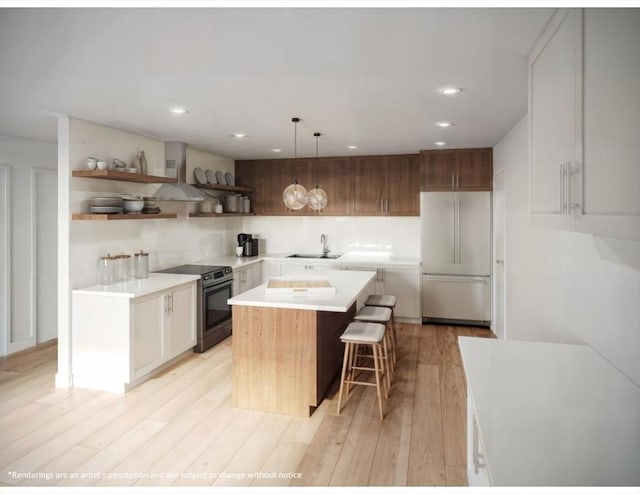 kitchen with electric range, a kitchen island, light countertops, fridge, and open shelves