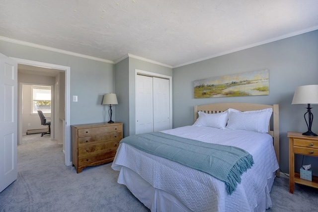 38 Point Allerton Ave, Hull, MA 02045 - carpeted bedroom featuring a closet, crown molding, and a baseboard radiator