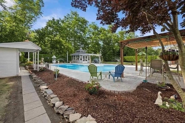 view of swimming pool with a pergola and a patio