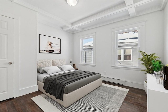 bedroom featuring coffered ceiling, a baseboard heating unit, beam ceiling, and dark hardwood / wood-style floors