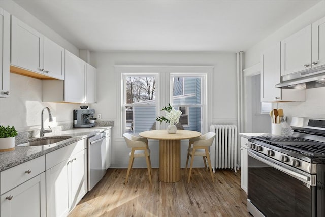 kitchen featuring sink, radiator, stainless steel appliances, light stone countertops, and white cabinets