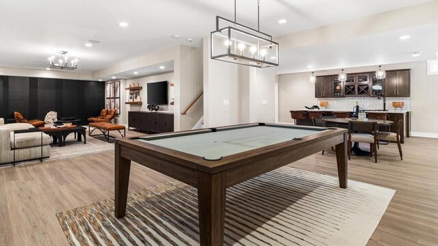 27 Kestrel Hts Unit 76, Plymouth, MA 02360 - playroom with a chandelier, wet bar, light wood finished floors, recessed lighting, and pool table