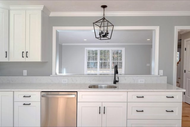 kitchen featuring a sink, ornamental molding, white cabinets, and stainless steel dishwasher