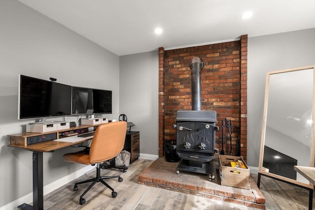 home office with recessed lighting, wood finished floors, and baseboards