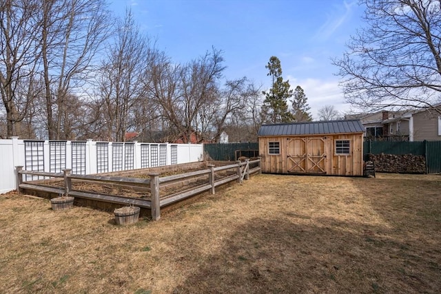 view of yard with a storage shed, an outbuilding, and a fenced backyard