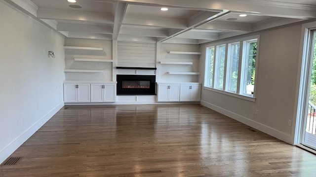 7 Avery St, Needham, MA 02494 - unfurnished living room featuring baseboards, wood finished floors, coffered ceiling, built in features, and beamed ceiling
