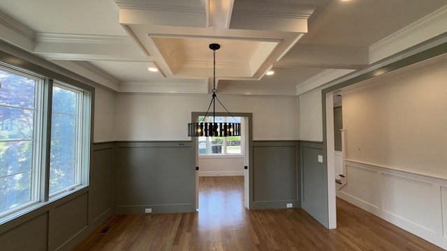 7 Avery St, Needham, MA 02494 - unfurnished dining area featuring a chandelier, coffered ceiling, wood finished floors, a decorative wall, and a wainscoted wall