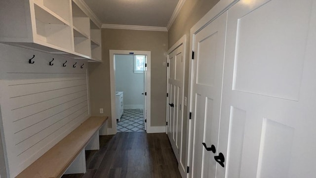 7 Avery St, Needham, MA 02494 - mudroom with crown molding, dark wood-style floors, and baseboards