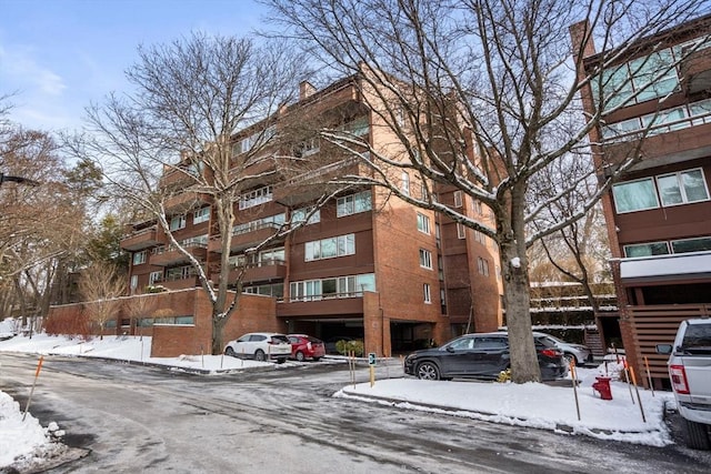 view of snow covered building