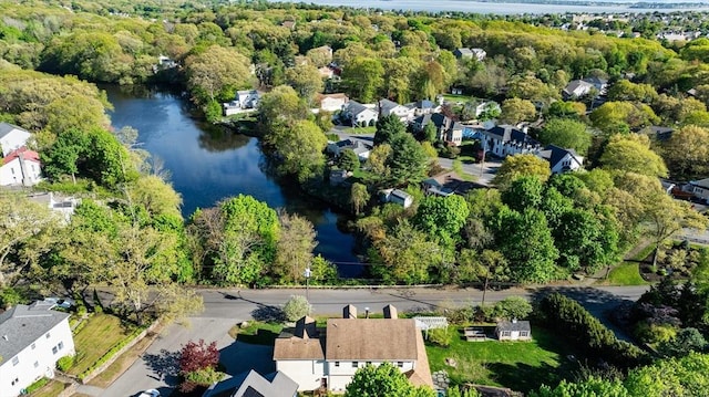 aerial view of residential area with a large body of water and a heavily wooded area