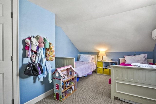 bedroom featuring carpet, lofted ceiling, and baseboards