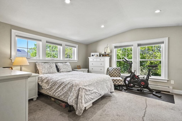 carpeted bedroom featuring lofted ceiling, recessed lighting, and a baseboard radiator