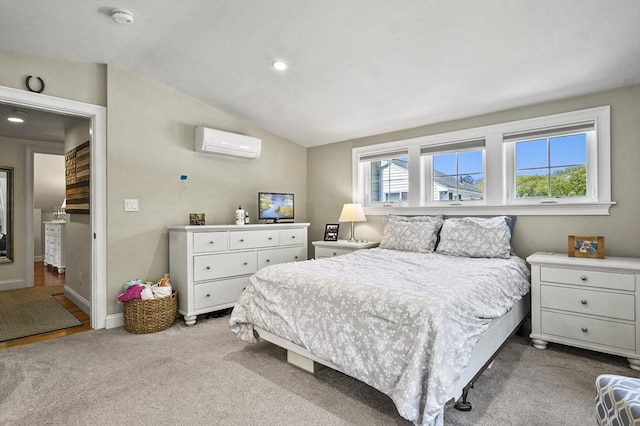 bedroom with a wall mounted air conditioner, carpet flooring, lofted ceiling, baseboards, and recessed lighting