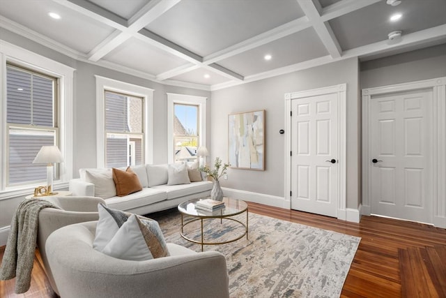 living room with baseboards, coffered ceiling, and beam ceiling