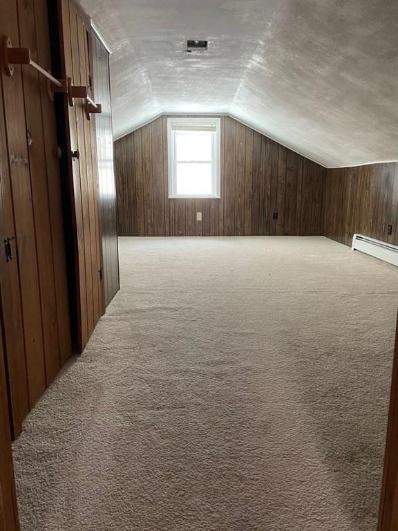 additional living space with a textured ceiling, light colored carpet, vaulted ceiling, baseboard heating, and wood walls