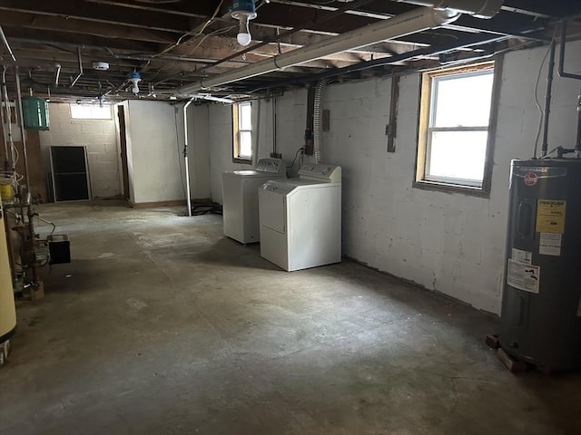 basement with independent washer and dryer and electric water heater