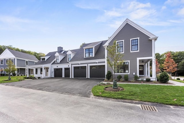 view of front of property with a garage and a front lawn