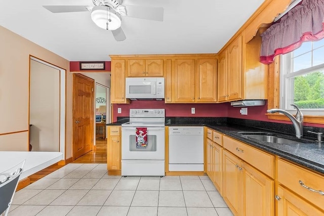 23 Willard St, Dedham, MA 02026 - kitchen with white appliances, ceiling fan, light tile patterned floors, and dark stone counters