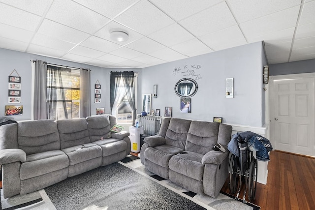 living room featuring a drop ceiling and hardwood / wood-style flooring