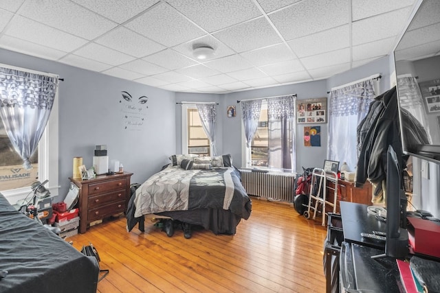 bedroom with a drop ceiling, radiator heating unit, and hardwood / wood-style flooring