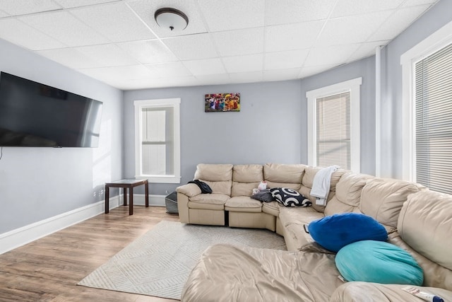 living room featuring hardwood / wood-style flooring and a drop ceiling