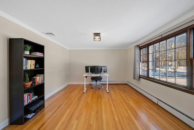 home office with crown molding, a baseboard radiator, light hardwood / wood-style floors, and a textured ceiling