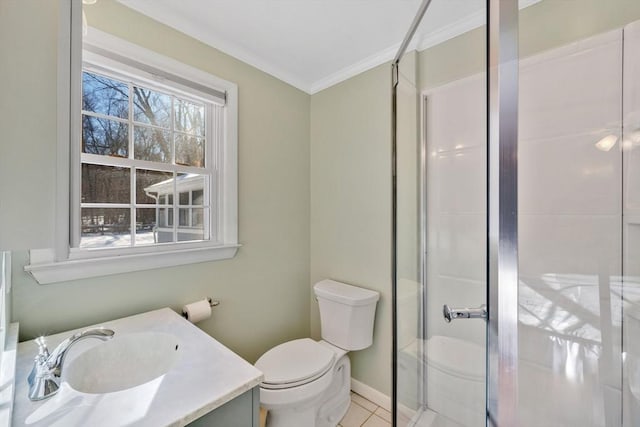 bathroom with a shower with door, tile patterned flooring, vanity, ornamental molding, and toilet