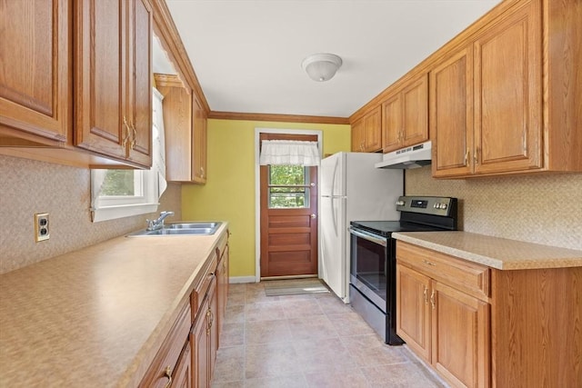 133 Allen Rd, Easton, MA 02356 - kitchen featuring electric range, under cabinet range hood, backsplash, and light countertops