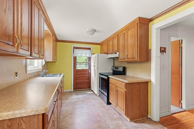 133 Allen Rd, Easton, MA 02356 - kitchen featuring stainless steel range with electric cooktop, under cabinet range hood, decorative backsplash, brown cabinetry, and ornamental molding