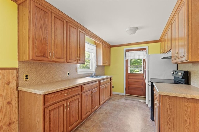 133 Allen Rd, Easton, MA 02356 - kitchen with electric range, under cabinet range hood, healthy amount of natural light, light countertops, and ornamental molding